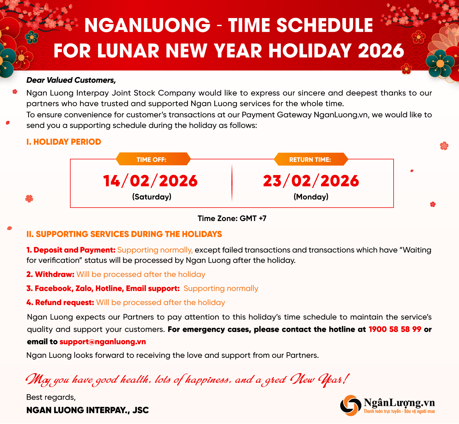 NGANLUONG – TIME SCHEDULE FOR LUNAR NEW YEAR HOLIDAY 2026